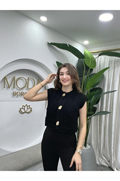 MODA BORSASI سترة نسائية محبوكة بأزرار ذهبية سوداء وجيبين