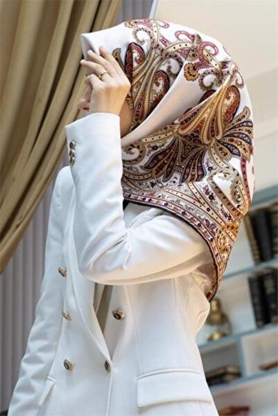 Vissona 100% Twill Mătase șal cu model Negru - Crem Culoare 90x90 Eșarfă Form...