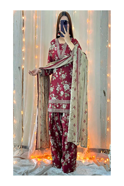 MYSMAR Maroon Shamoze Silk Top Bottom Dupatta - BPK1019 | Maroon