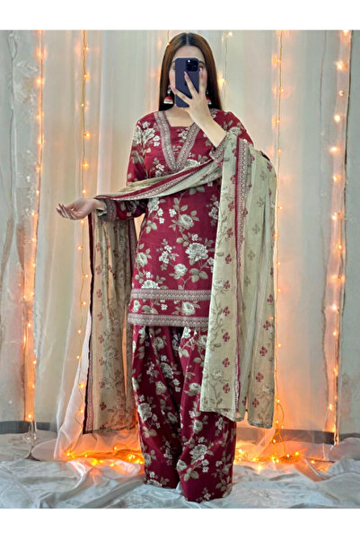 MYSMAR Maroon Shamoze Silk Top Bottom Dupatta - BPK1019 | Maroon