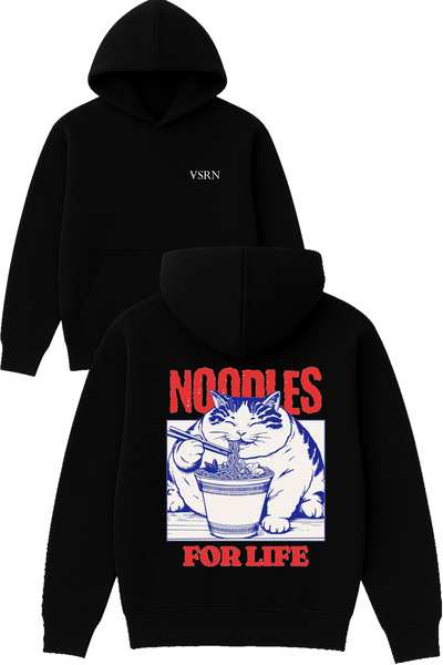 VSRN Noodlels for life Σχεδιασμένο με στάμπα Oversize Μαύρο Φούτερ με Κουκούλα