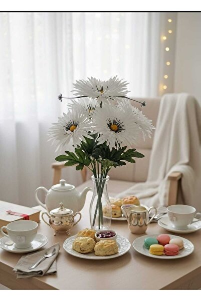 ENRUFLORA Papatya Büyük Beyaz 7 Dallı 50 Cm Masa Süsü Vazo Ev Dekor