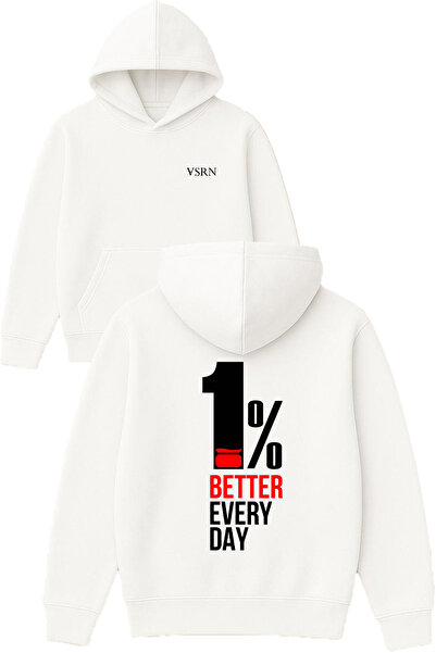 VSRN Hanorac alb supradimensionat cu glugă, imprimat cu design  "1% mai bun "