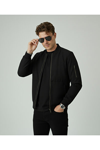Bossago Чорна чоловіча куртка-бомбер з ребрами, базова, на блискавці, сезонна