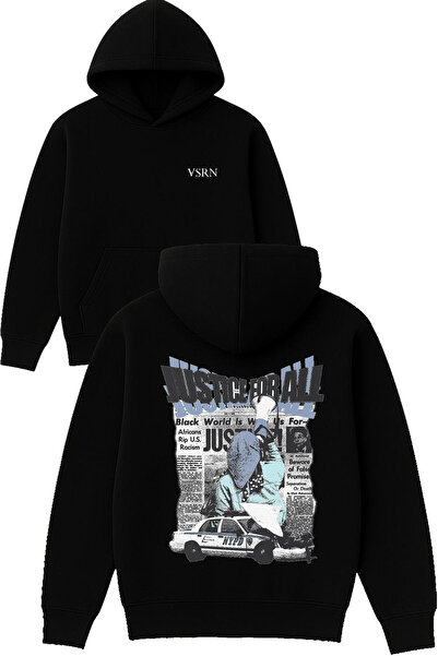 VSRN سترة جاستس فور أول ديزاين مطبوع قصة فضفاضة سوداء بغطاء رأس