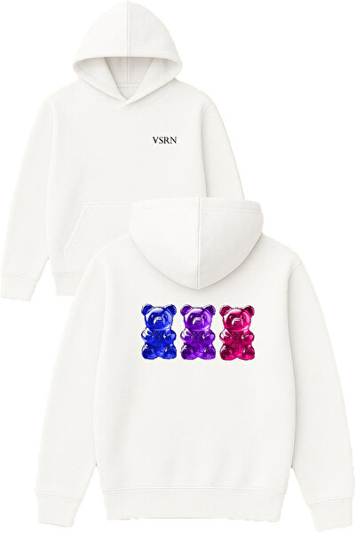 VSRN 3 سويت شيرت بتصميم دمية الدب مطبوع قصة فضفاضة أبيض بغطاء رأس