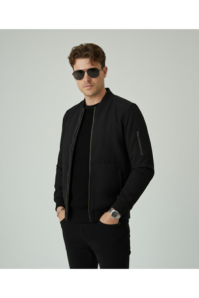 Bossago Чорна чоловіча куртка-бомбер з ребрами, базова, на блискавці, сезонна