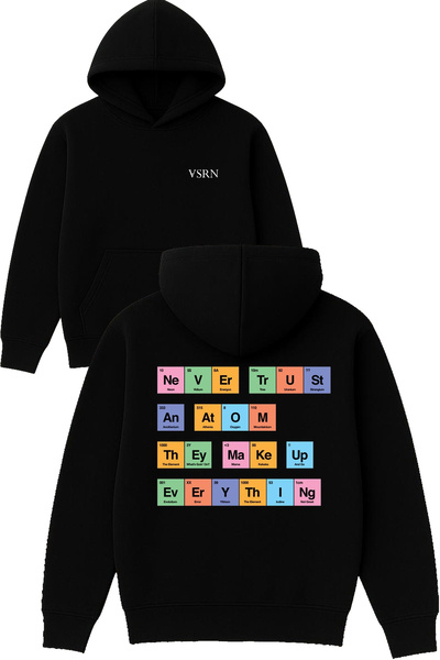 VSRN Hanorac negru supradimensionat cu glugă, cu imprimeu design „Trust an atom”