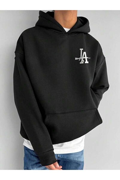 LAVİTTA La Guns Logo Unisex Black Oversized Hooded Hoodie
