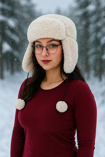 Moda Biçer Furry Headphones Pom Pom Plush Beanie Hat