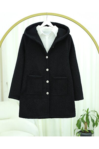 Modamorfo Hooded Buttoned Pocketed Bearded Cap -Black