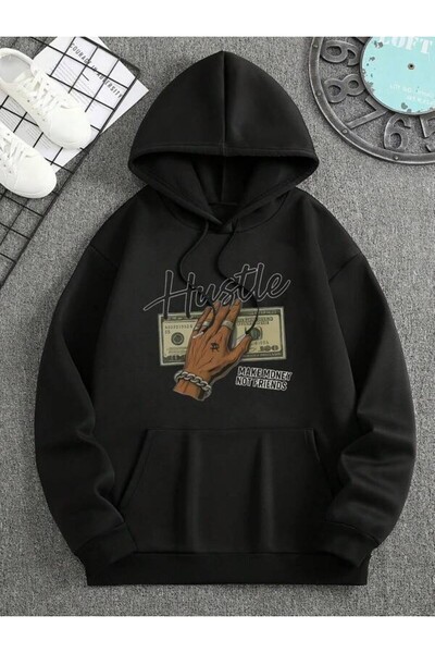 LAVİTTA Hustle Make Money Not Friends Printed Hooded Sweatshirt