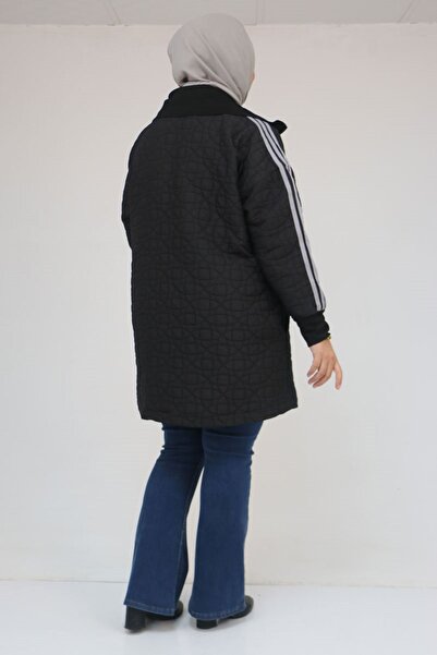 Eslina 53060 Plus Size Shoulder Stripe Quilted Zipper Jacket - Black-Grey