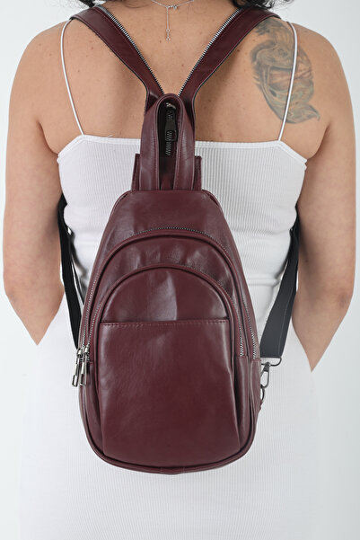 PİRİNÇ BEBE Pirinçbebe Women's Small Backpack Model Burgundy Genuine Leather Crossbody and Backpack