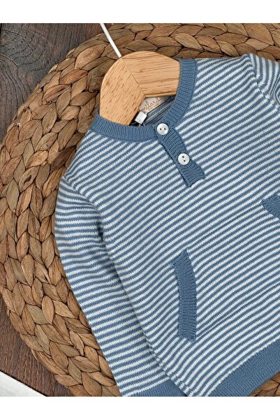 Kids Kingdom Cotton Thin Knitwear Striped Kangaroo Pocket Crew Neck 2-Piece Baby Boy Set