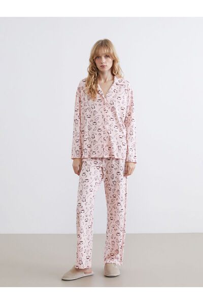 LC Waikiki Lcw Dream Pink Shirt Collar Print Women's Pajamas Set