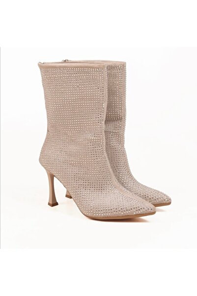 MCN MODA Süet Parlak Taşlı Ince Topuklu Siyah bot