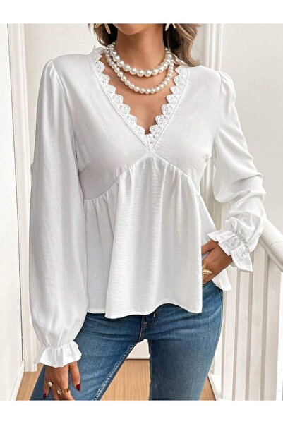 ARONA Women's Long Sleeve V Lace Neck Aerobin Blouse