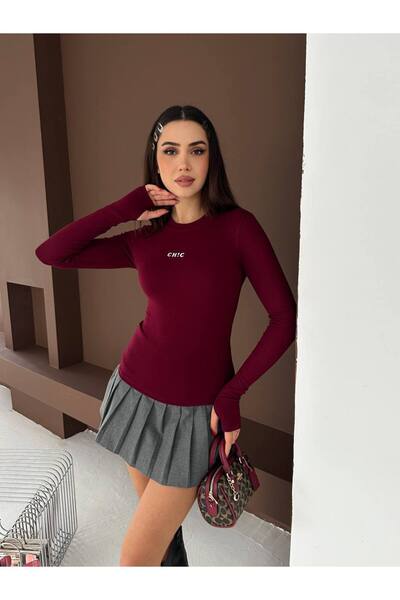 By Kuzey Aras Women's Crew Neck Finger Detail Stretchy Blouse