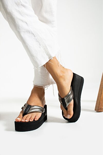 Evalupe Nora High Platform 7cm Black Leather-Look Women's Flip Flops Beach Sl...