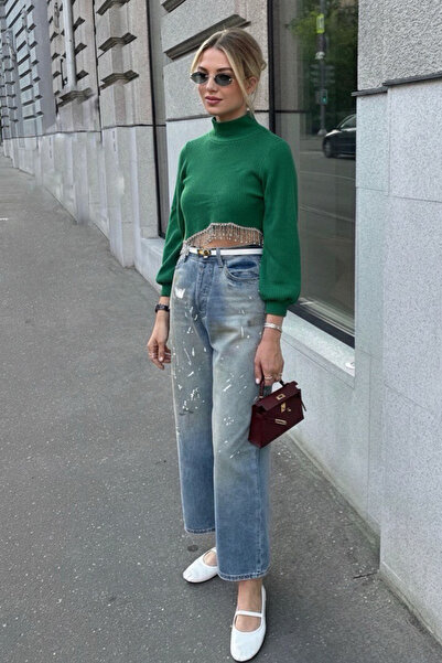 oshebu Women's Princess Sleeve Skirt with Stones Ribbed Knit Crop Blouse