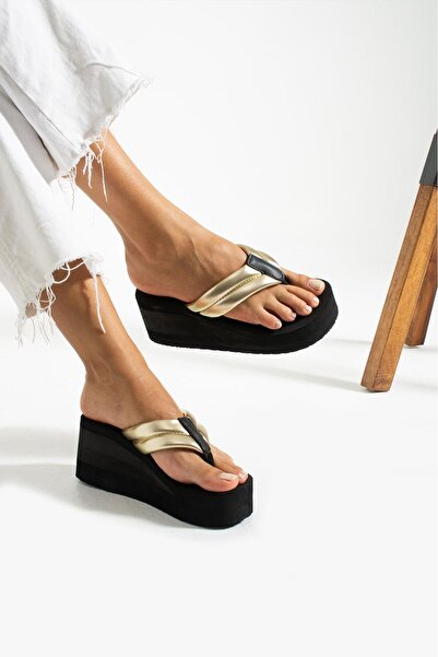 Evalupe Nora High Platform 7cm Black Leather-Look Women's Flip Flops Beach Sl...