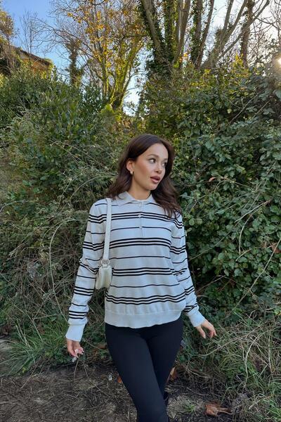 mylove سترة رفيعة مخططة بياقة بولو باللون الأبيض