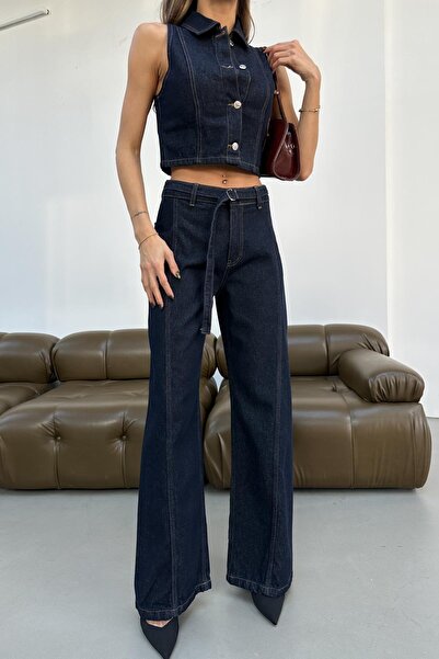 mylove Stitch Detail Jean Vest Set Set Navy Blue