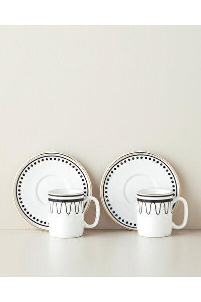 English Home Glowy White Bone Porcelain 4 Piece Coffee Cup Set for 2 People 90 ml Black-White-Gold