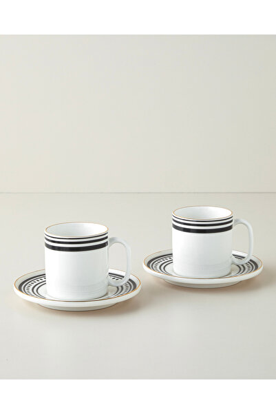 English Home Luminous White Bone Porcelain 4 Piece 2 Person Tea Cup Set 180 ml Black-White-Gold