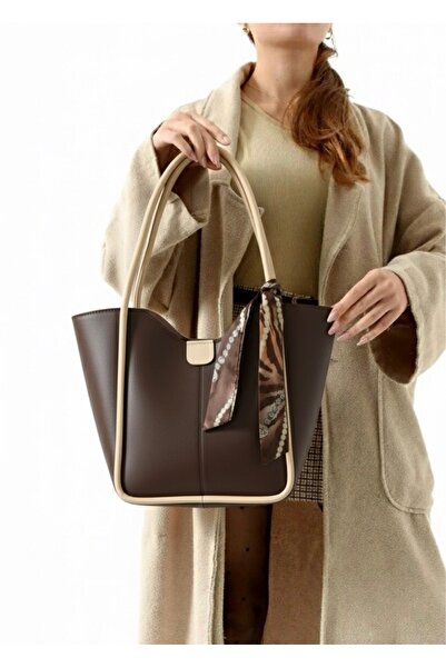 Eylül Bitter Brown-Mink Women's Shoulder Bag with Makeup Bag and Scarf
