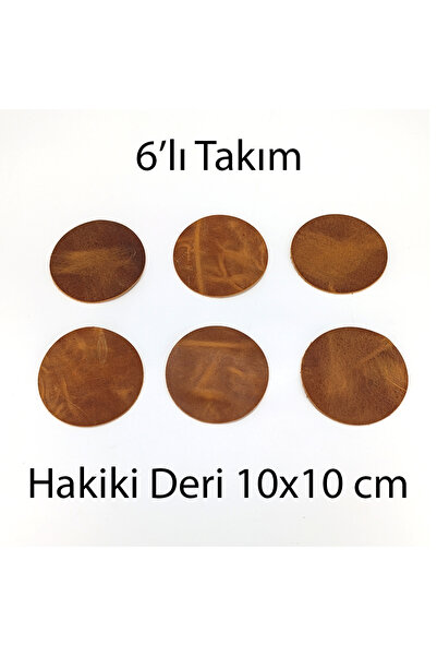 MS Glassware طقم قواعد أكواب دائرية من الجلد الطبيعي 6 قطع 10x10 سم