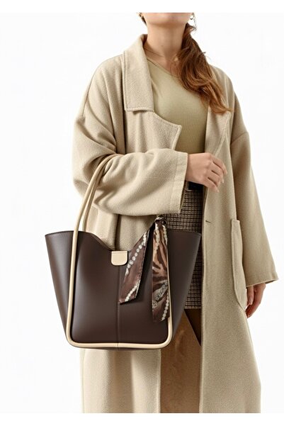 Eylül Bitter Brown-Mink Women's Shoulder Bag with Makeup Bag and Scarf