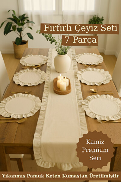 KAMİZ Fırfırlı Keten Runner & 6'lı Fıfırlı Supla Seti - Premium Seri 7 Parça Çeyiz Seti
