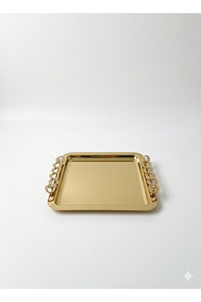 AsKa Home Tekli Paslanmaz Çelik Kare Gold Kalın Kulplu Kahve Sunum Tepsisi