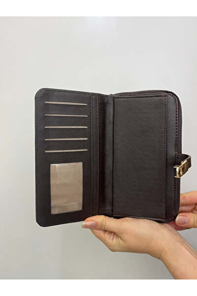 shiny ever Bitter Brown Leather Women's Wallet Handbag with Phone Compartment and Gold Detail