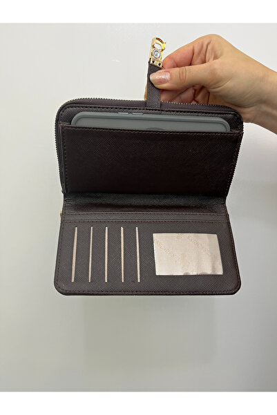 shiny ever Bitter Brown Leather Women's Wallet Handbag with Phone Compartment and Gold Detail