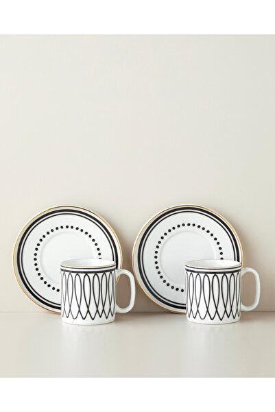 English Home White Angles Bone Porcelain 4 Piece 2 Person Tea Cup Set 180 ml Black-White-Gold