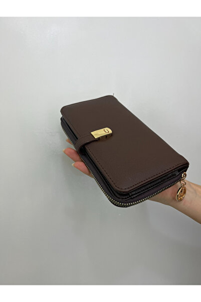 shiny ever Bitter Brown Leather Women's Wallet Handbag with Phone Compartment and Gold Detail