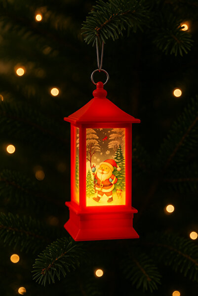 CHANCE GİFT Led Lighted Christmas Lantern Santa Claus Themed Christmas Lantern Tree Ornament Red Decorative Lighted Ornament