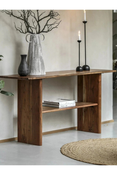 feruzadeco El Yapımı Doğal Ceviz Konsol Masa | Masif Ahşap Geniş Raflı Dresuar | Salon Mobilyası 120x40x80 cm