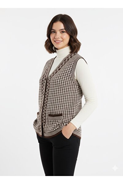 MADAM PARS Brown Plaid/Jacquard V-Neck Buttoned Pocketed Vintage Knitwear Vest