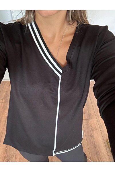 babatr.com Women's Long Sleeve V Neck Ribbed Detail Crystal Fabric Blouse