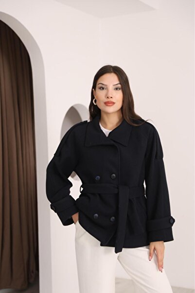 Leo Ferre معطف نسائي أسود من الكشمير ياقة مرتفعة متوسطة الطول بأزرار أمامية و...