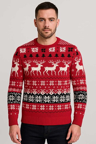 ANATOLIATEKSTILE Men's Christmas Sweater – Nordic Pattern with Reindeer & Trees, Thick Knit, Red
