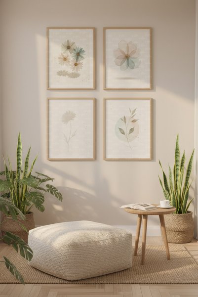Tontilika Pastel Çiçek Formları 4’lü Dekoratif Ahşap Çerçeveli Tablo Seti – D...