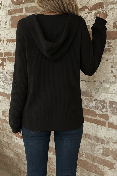 JANES Women's Long Sleeve Hooded Front Buttoned and Lace-Up Waffle Blouse