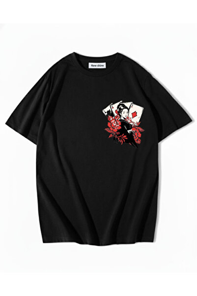 New Shine تي شيرت للنساء والأوراق اللعبية B مطبوع O قصة فضفاضة