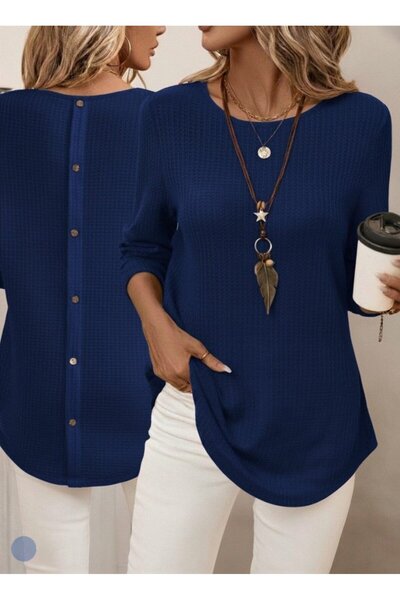 JANES Women's Long Sleeve Round Neck Back Button Waffle Blouse