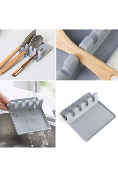OEM Spoon and Utensil Holder, durable silicone, Heat Resistant, 4 Compartments, 14x14x4cm, Gray
